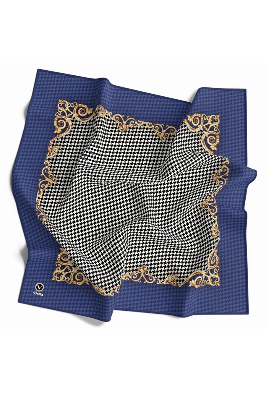 Soft Bordürlü Barok Çerçeveli Kazayağı Desenli İndigo Renkli 90x90 Eşarp (İpek İçermez) Kenar Dikiş Şekli El Dikişli