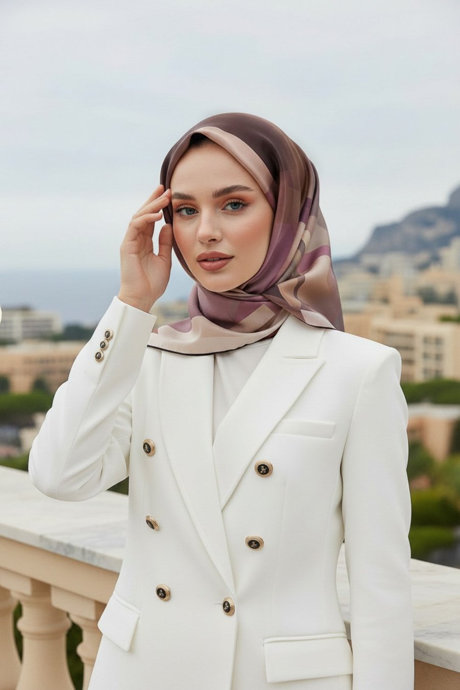 % 57 İPEK % 43 VİSKON Twill İpek Geometrik Desenli Bej - Gül Kurusu Renkli 90x90 Eşarp Dikim Şekli : El Dikişi