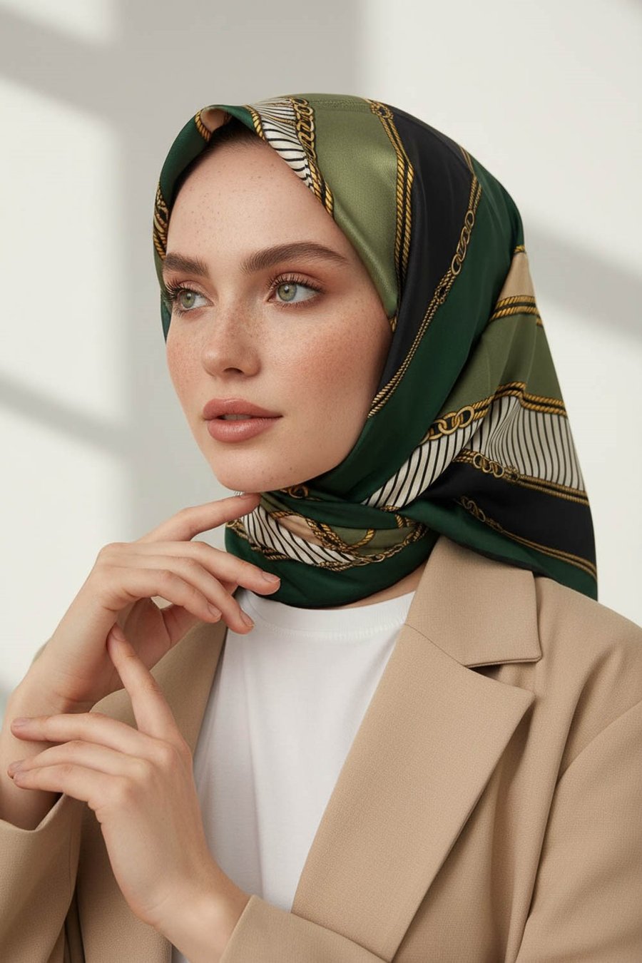 %100 Twill İpek Zincir Detaylı Geometrik Desenli Zümrüt Yeşili - Siyah Renkli 90x90 Eşarp Dikim Şekli : El Dikişi