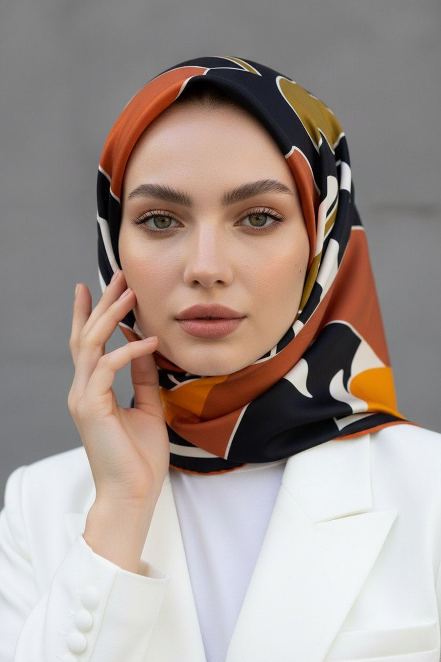 %100 Twill İpek Yaprak Desenli Turuncu - Zümrüt Yeşili Renkli 90x90 Eşarp Dikim Şekli : El Dikişi