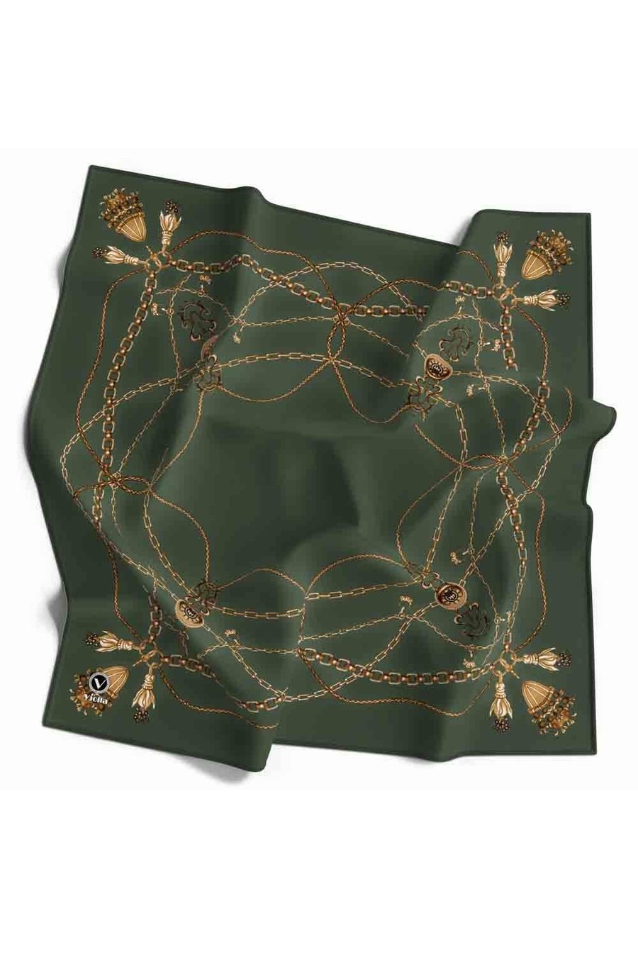 Kristal Geometrik Desenli Haki Renkli 90x90 Eşarp (İpek İçermez) Kenar Dikiş Şekli El Dikişli