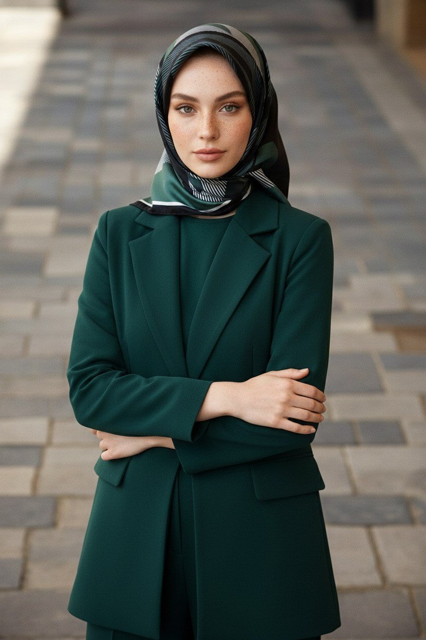 % 57 İPEK % 43 VİSKON Twill İpek Geometrik Desenli Zümrüt Yeşili - Siyah Renkli 90x90 Eşarp Dikim Şekli : El Dikişi
