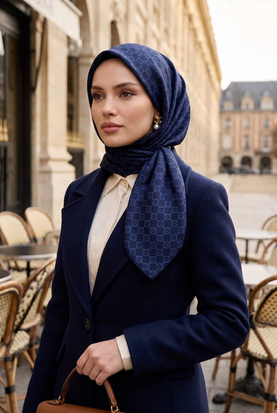 %100 Twill İpek Monogram Desenli Lacivert Renkli 90x90 Eşarp Dikim Şekli : El Dikişi