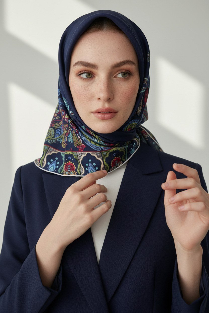 100% Twill İpek Etnik Desenli Lacivert - Bordo Renkli 90x90 Dikim Şekli : El Dikişi Eşarp