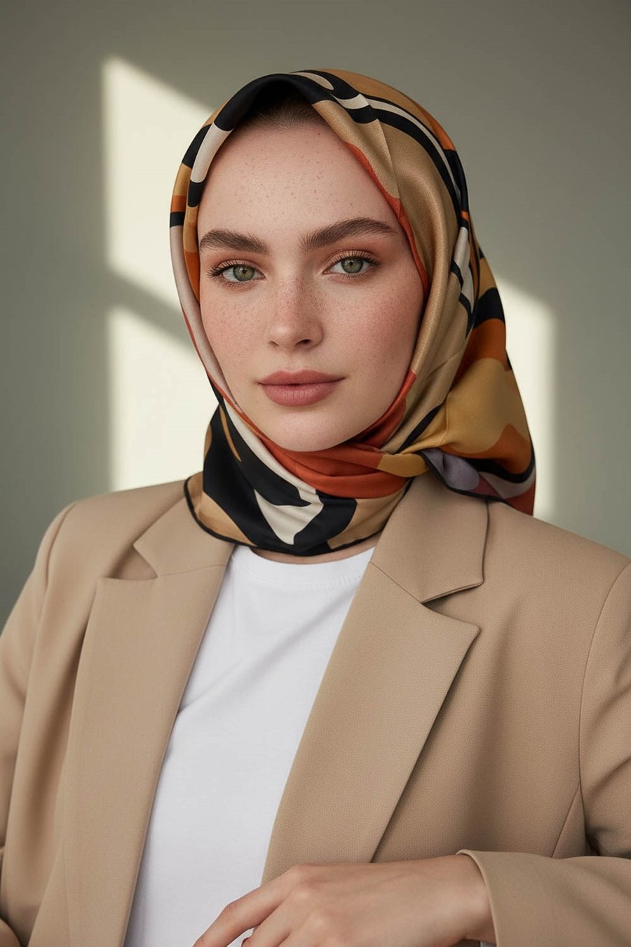 100% Twill İpek Dalga Desenli Hardal - Taba Renkli 90x90 Dikim Şekli : El Dikişi Eşarp