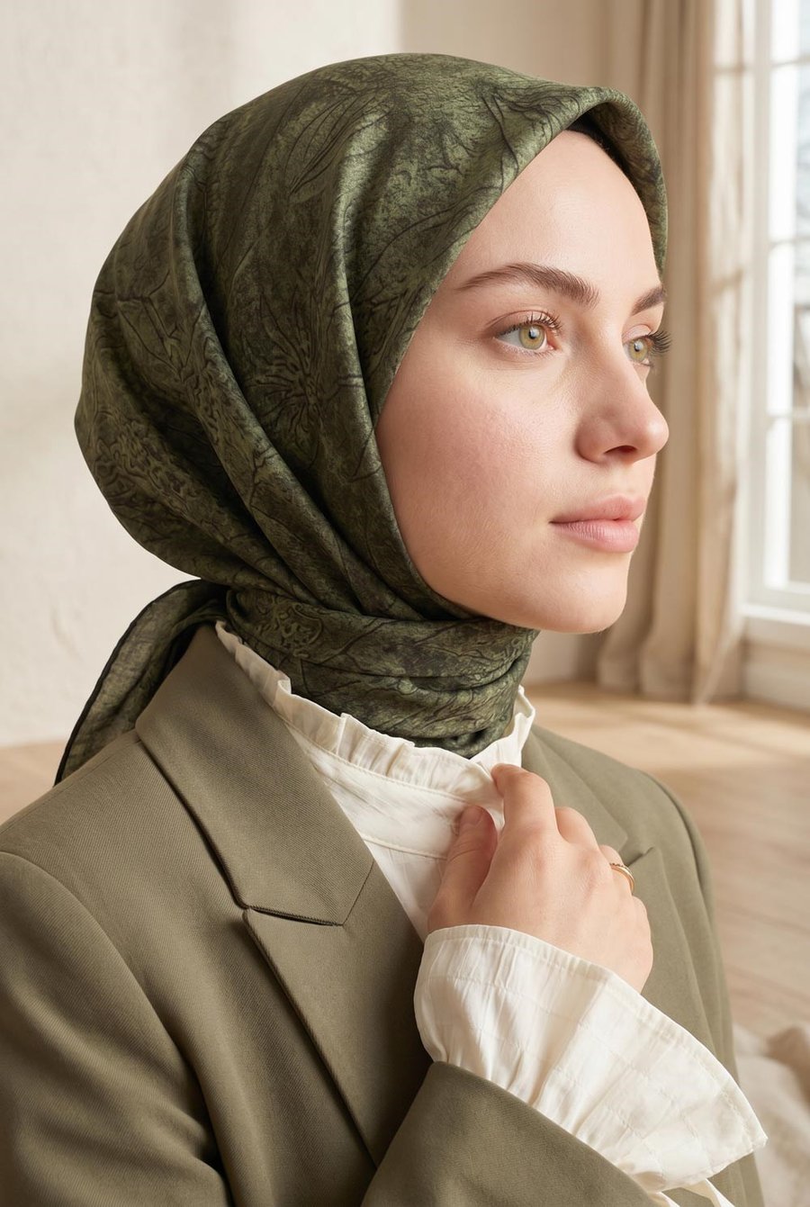 % 57 İpek % 43 Viskon Twill İpek Degradeli Yaprak Desenli  Haki Renkli 90x90 Eşarp Dikim Şekli : El Dikişi