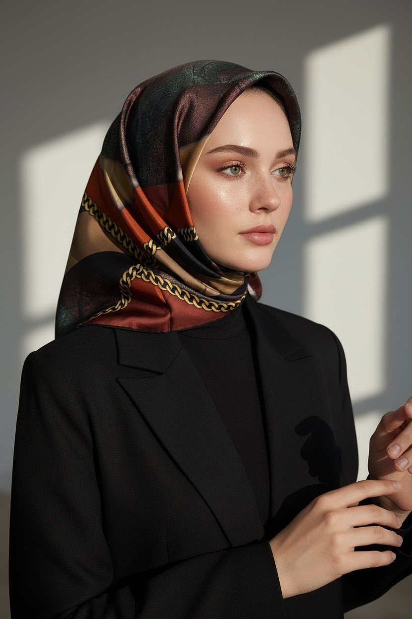 %100 Twill İpek Taş Efekti Desenli Taba - Siyah Renkli 90x90 Eşarp Dikim Şekli : El Dikişi