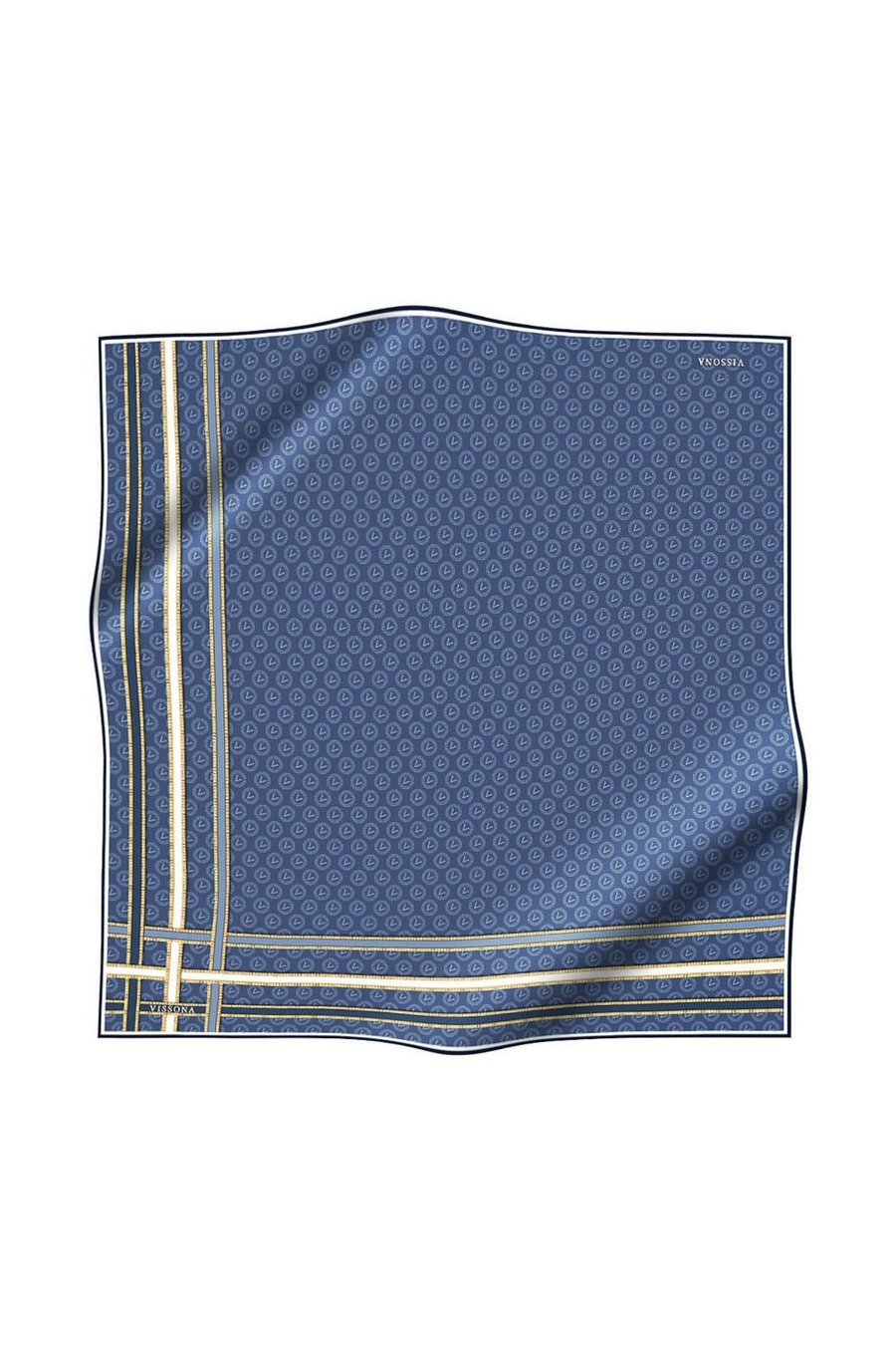 %100 Twill İpek Monogram Desenli İndigo - İndigo Renkli 90x90 Eşarp Dikim Şekli : El Dikişi