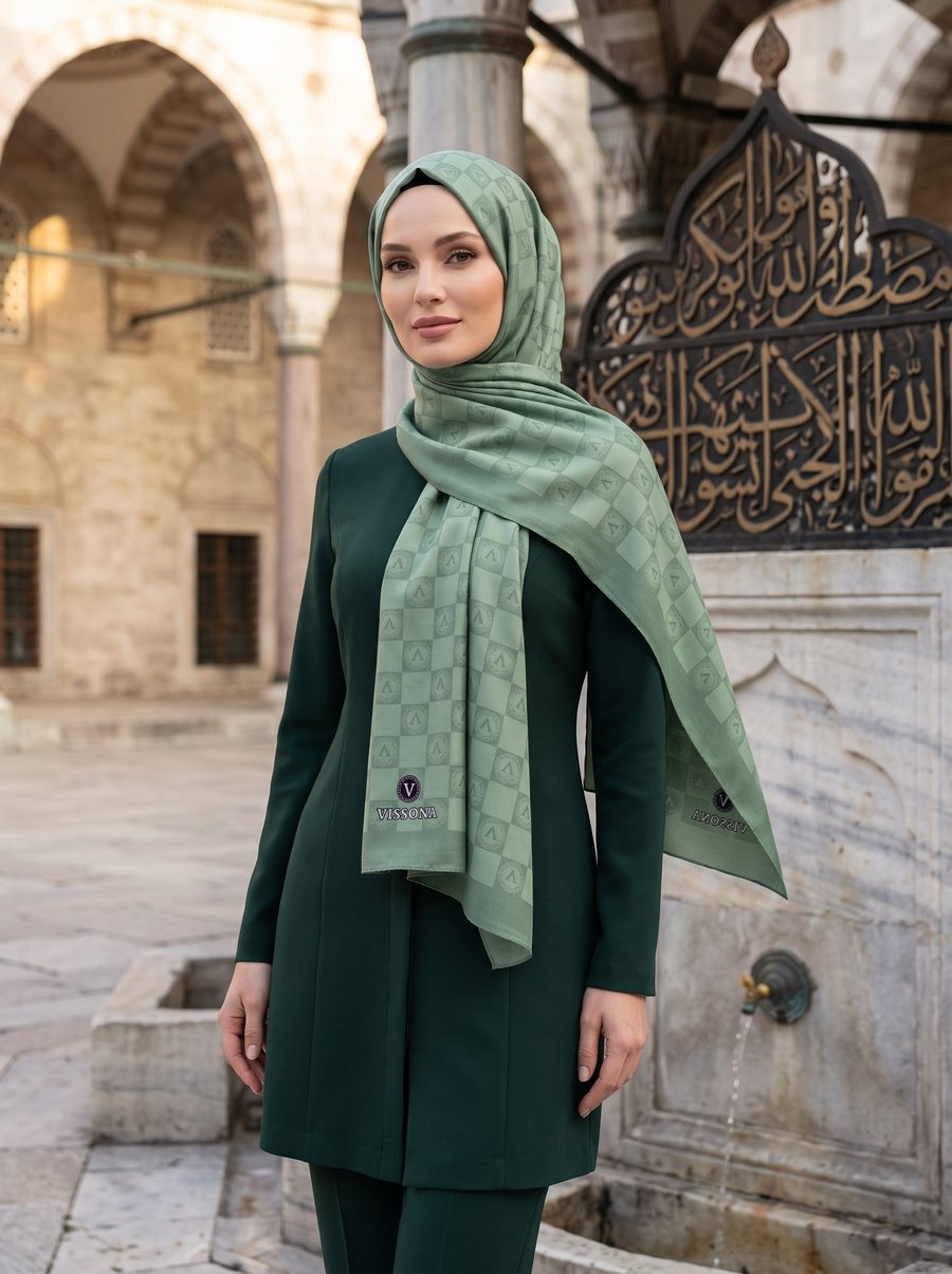 KREP MONOGRAM DESENLİ KÜF YEŞİLİ RENKLİ 75X195 KIRIŞMAZ ŞAL