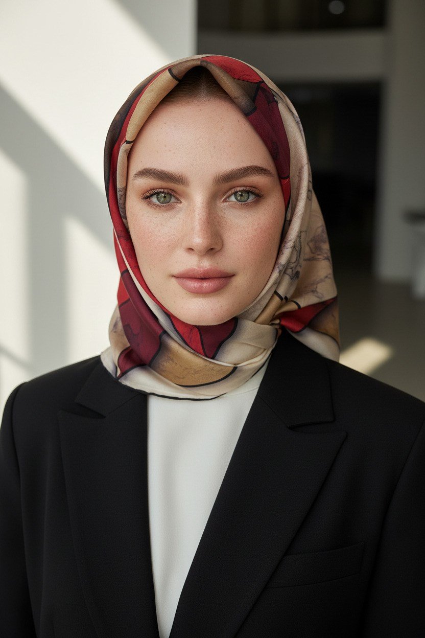%100 Twill İpek Mermer Desenli Bordo - Bej Renkli 90x90 Eşarp Dikim Şekli : El Dikişi