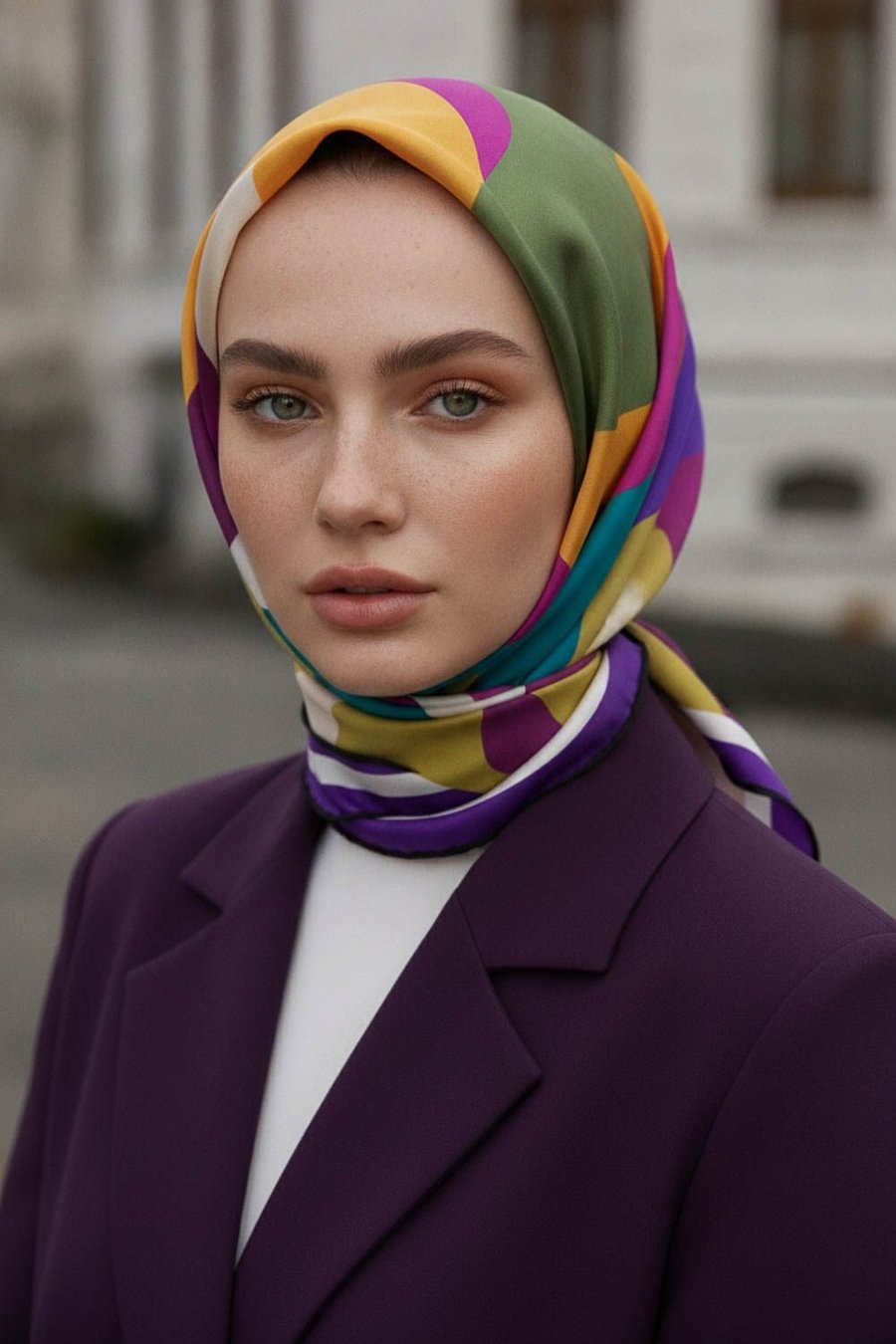 %100 Twill İpek Geometrik Desenli Mor - Petrol Yeşili Renkli 90x90 Eşarp Dikim Şekli : El Dikişi