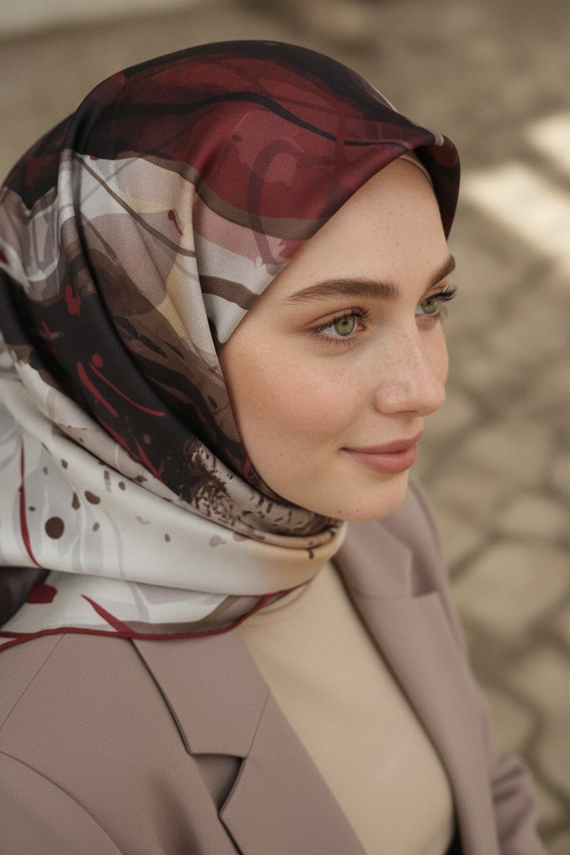 %100 Twill İpek Çiçekli Sulu Boya Dalga Desenli Bej - Bordo Renkli 90x90 Eşarp Dikim Şekli : El Dikişi