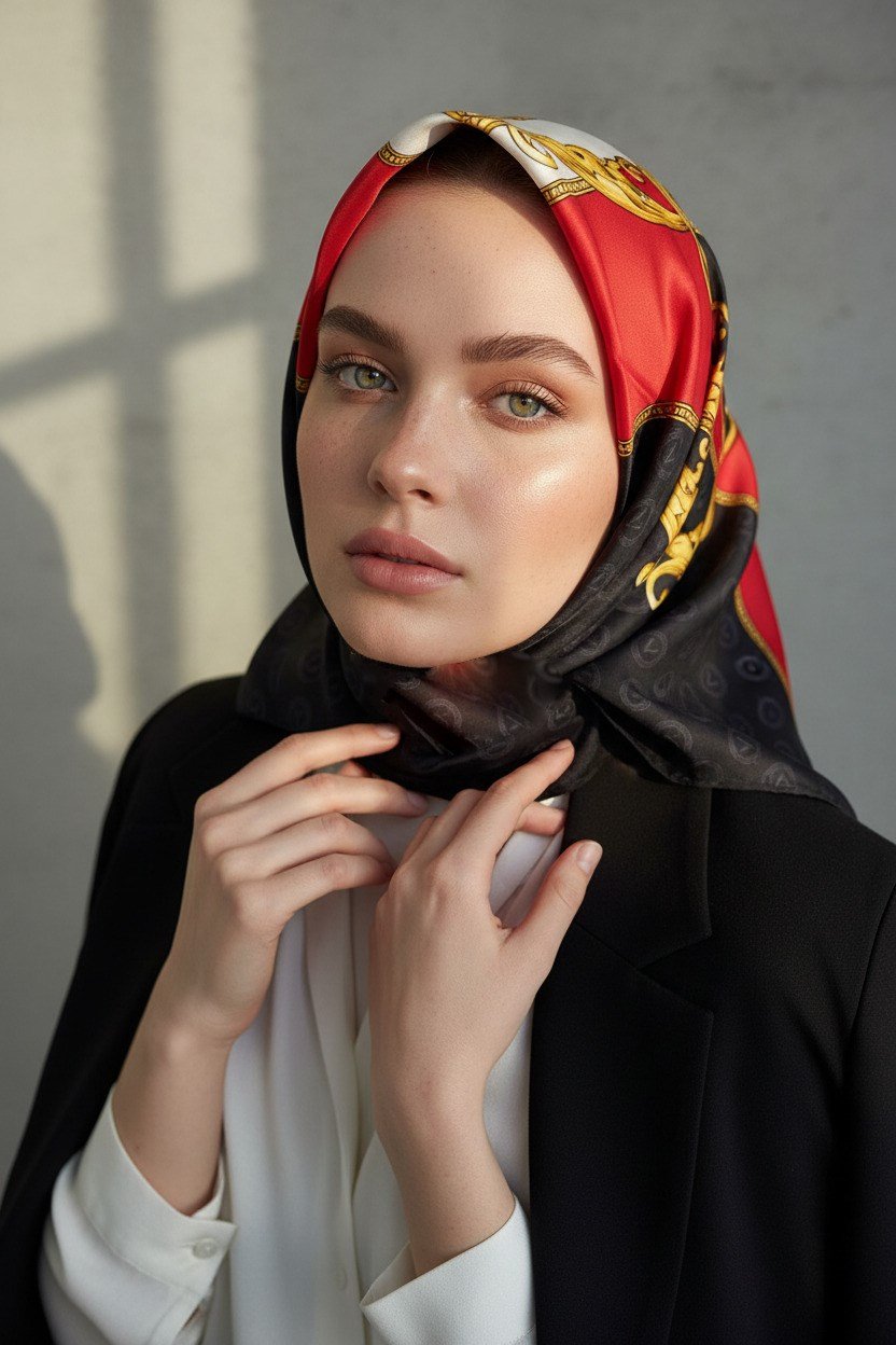 %100 Twill İpek Monogram Ve Barok Desenli Siyah - Kırmızı Renkli 90x90 Eşarp Dikim Şekli : El Dikişi