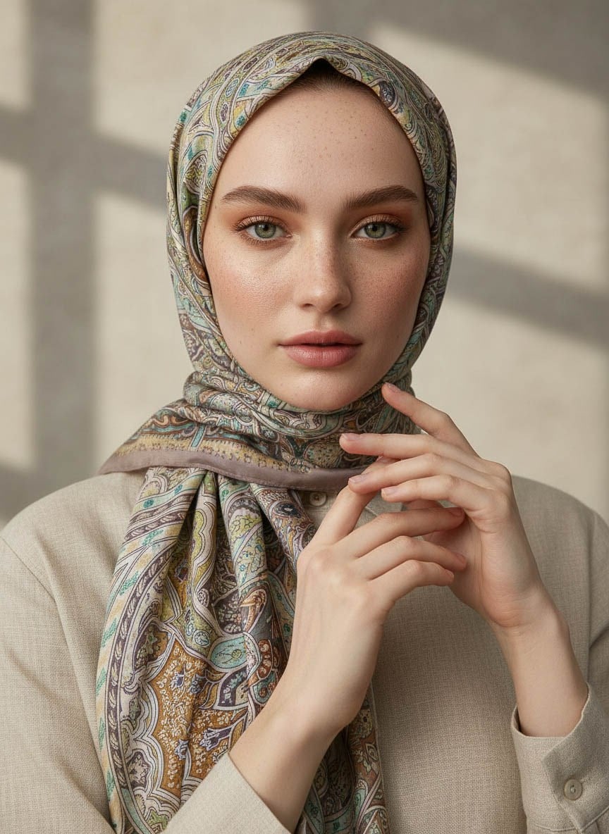 %100 Saf İpek Şal İnce Saten Vual Dokuma Etnik Desenli Taş Renkli 90x210 Şal