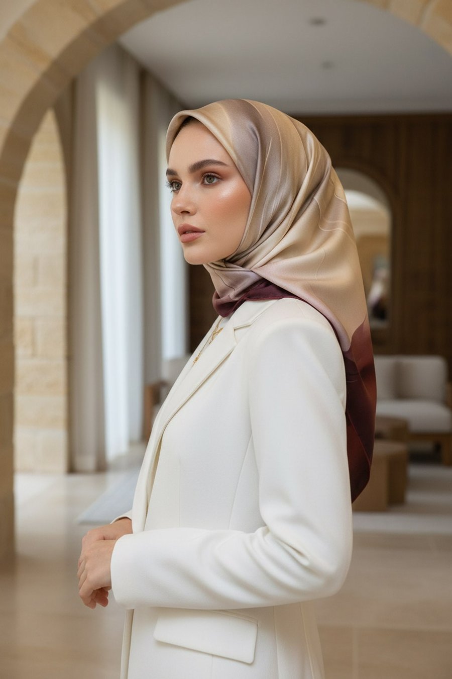 %100 Twill İpek Duman Desenli Bej - Şarabi Renkli 90x90 Eşarp Dikim Şekli : El Dikişi