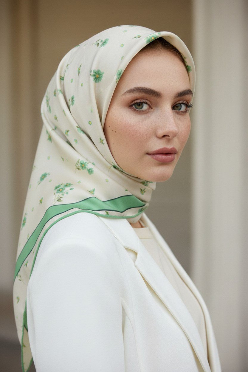 100% Twill İpek Bordürlü Çıtır Çiçek Desenli Benetton Yeşili Renkli 90x90 Dikim Şekli : El Dikişi Eşarp