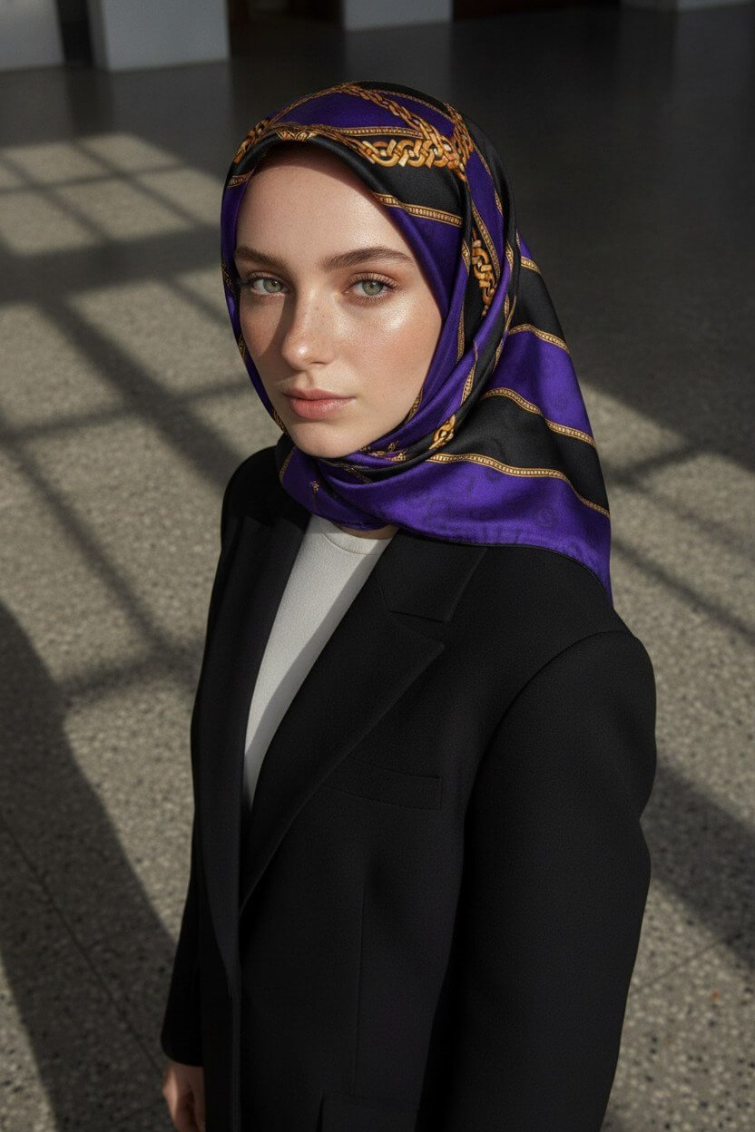 %100 Twill İpek Zincirli Ve Monogram Desenli Mor - Siyah Renkli 90x90 Eşarp Dikim Şekli : El Dikişi