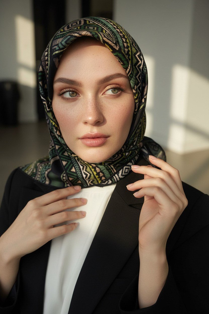 %100 Twill İpek Etnik Desenli Siyah - Zümrüt Yeşili Renkli 90x90 Eşarp Dikim Şekli : El Dikişi
