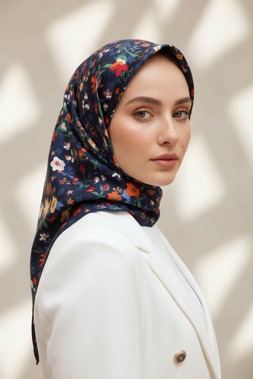 %100 Twill İpek Çıtır Çiçek Desenli Lacivert - Kırmızı Renkli 90x90 Eşarp Dikim Şekli : El Dikişi