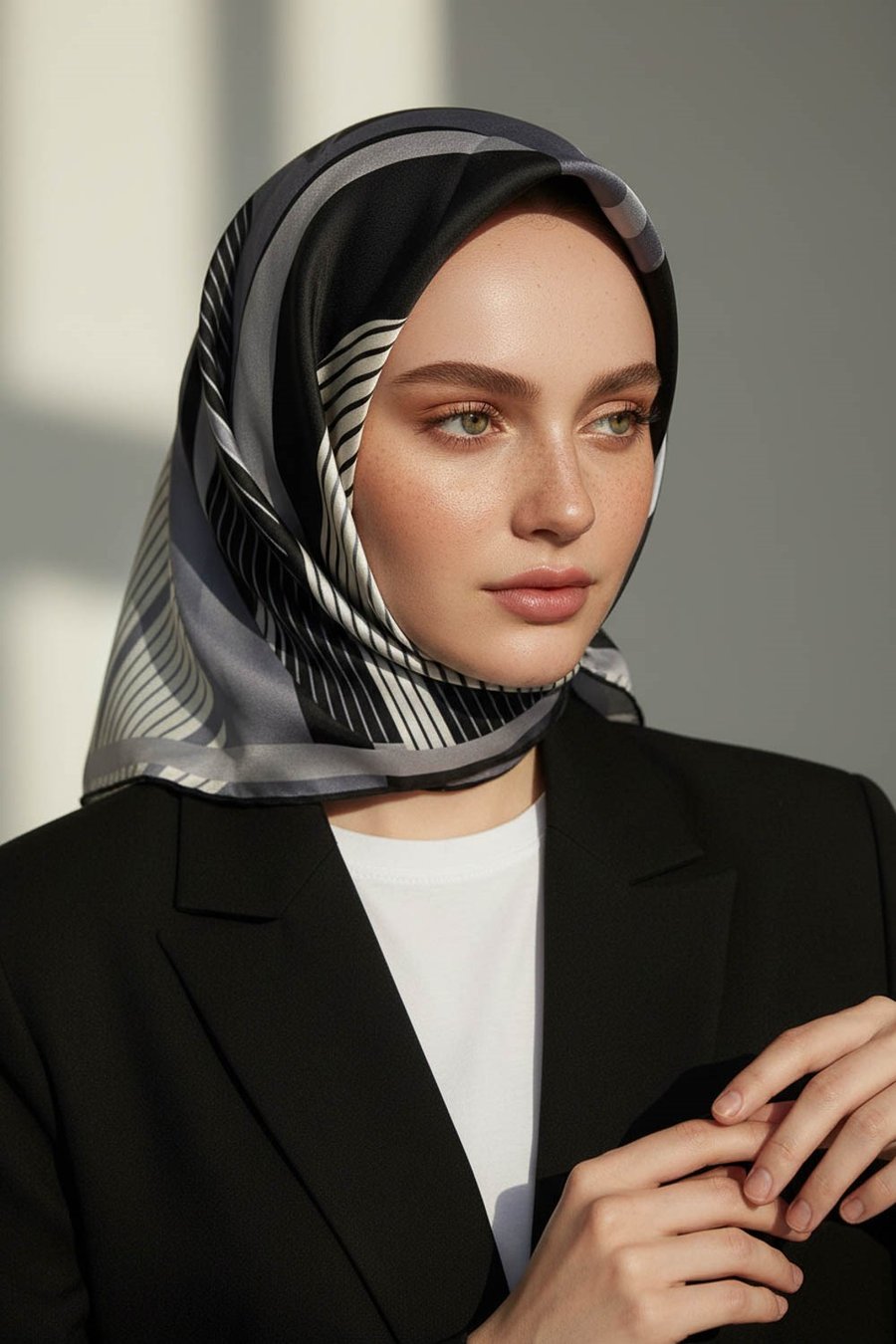 %100 Twill İpek Çizgili Geometrik Desenli Siyah - Füme Renkli 90x90 Eşarp Dikim Şekli : El Dikişi