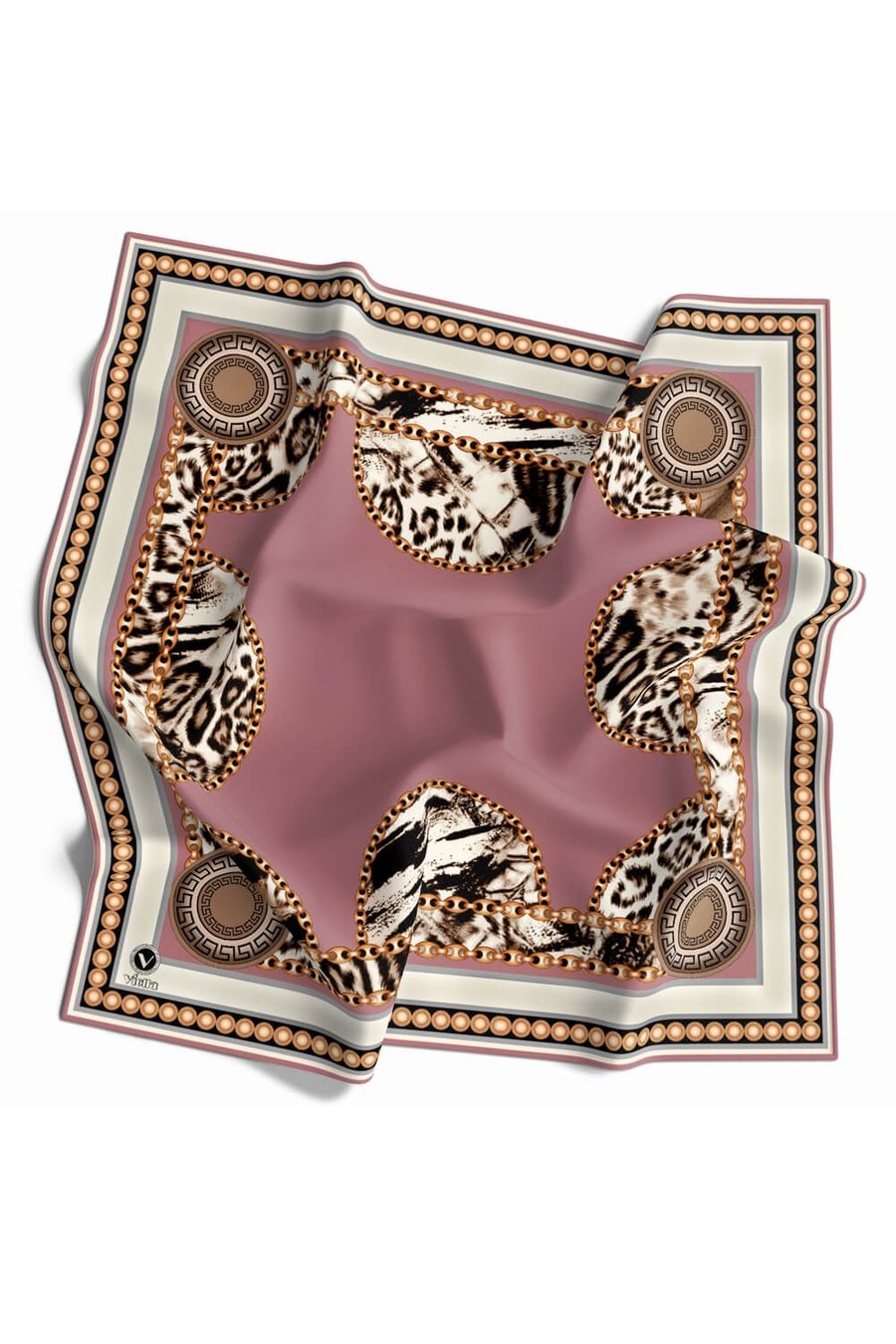Kristal Zincirli Leopar Desenli Pudra Renkli 90x90 Eşarp (İpek İçermez) Kenar Dikiş Şekli El Dikişli