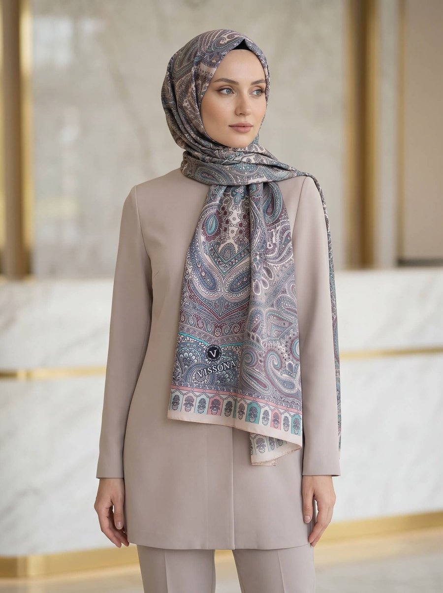%100 Saf İpek Şal İnce Saten Vual Dokuma Etro Desenli Pudra Renkli 90x210 Şal