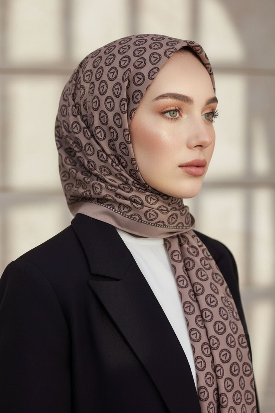 KREP DEGRADELİ MONOGRAM DESENLİ VİZON RENKLİ 75X195 KIRIŞMAZ ŞAL