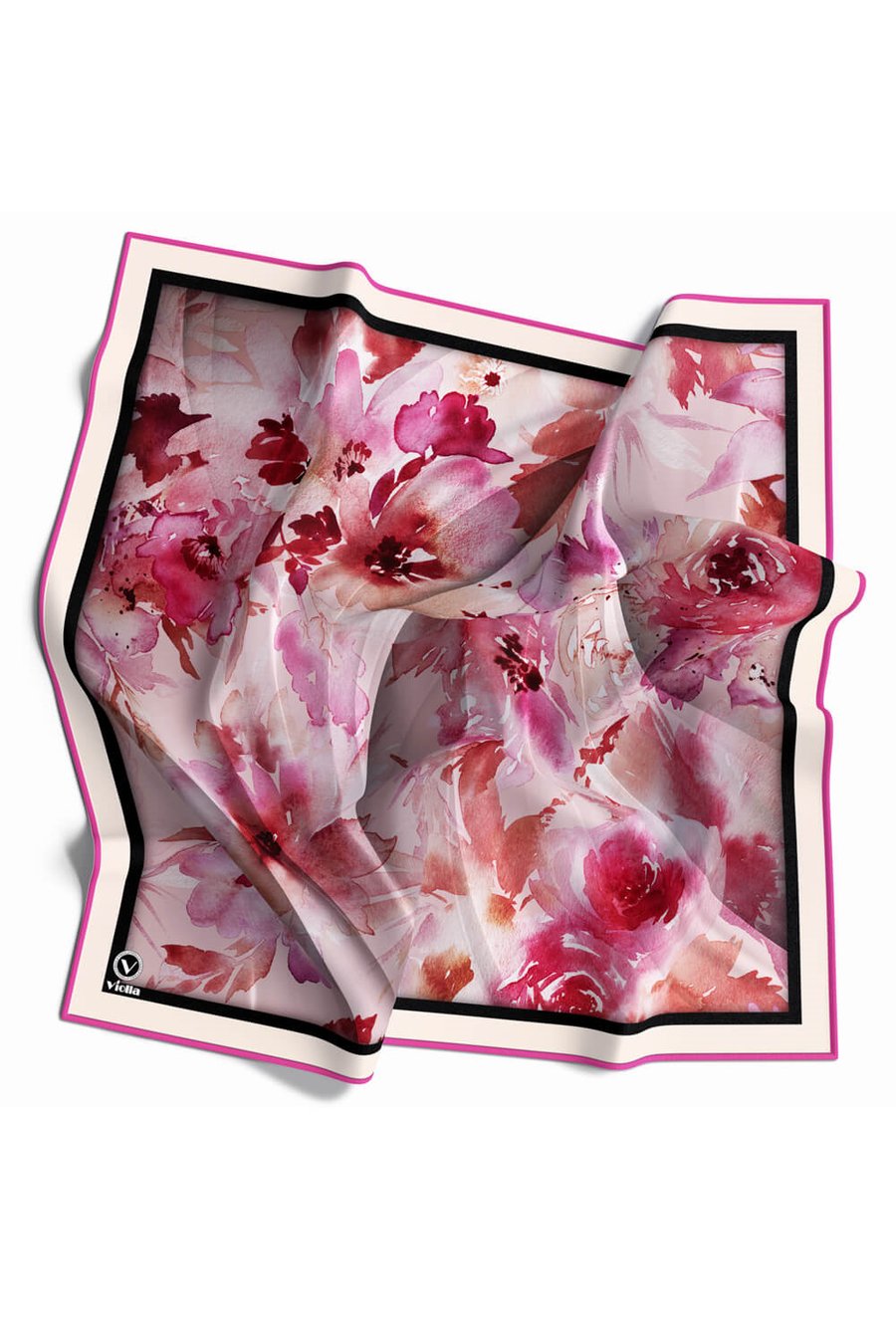 Rayon Sulu Boyalı Çiçek Desenli Fuşya Renkli 90x90 Eşarp (İpek İçermez) Kenar Dikiş Şekli El Dikişli