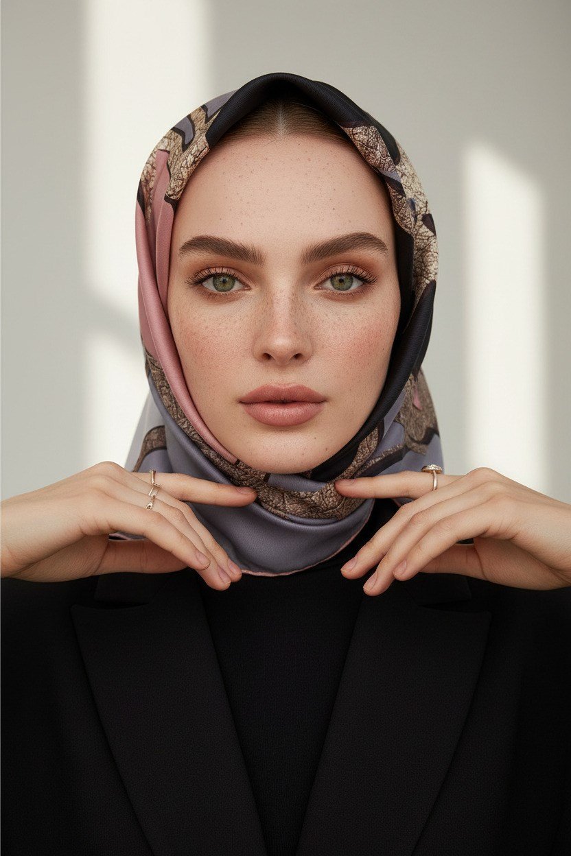 % 57 İPEK % 43 VİSKON Twill İpek Gold Efektli Geometrik Desenli Gri - Pudra Renkli 90x90 Eşarp Dikim Şekli : El Dikişi
