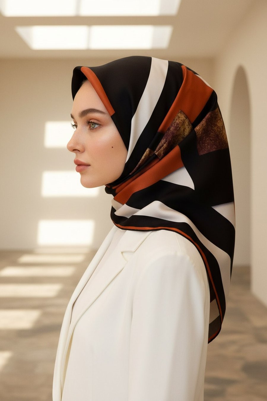 %100 Twill İpek Karo Desenli Siyah - Taba Renkli 90x90 Eşarp Dikim Şekli : El Dikişi