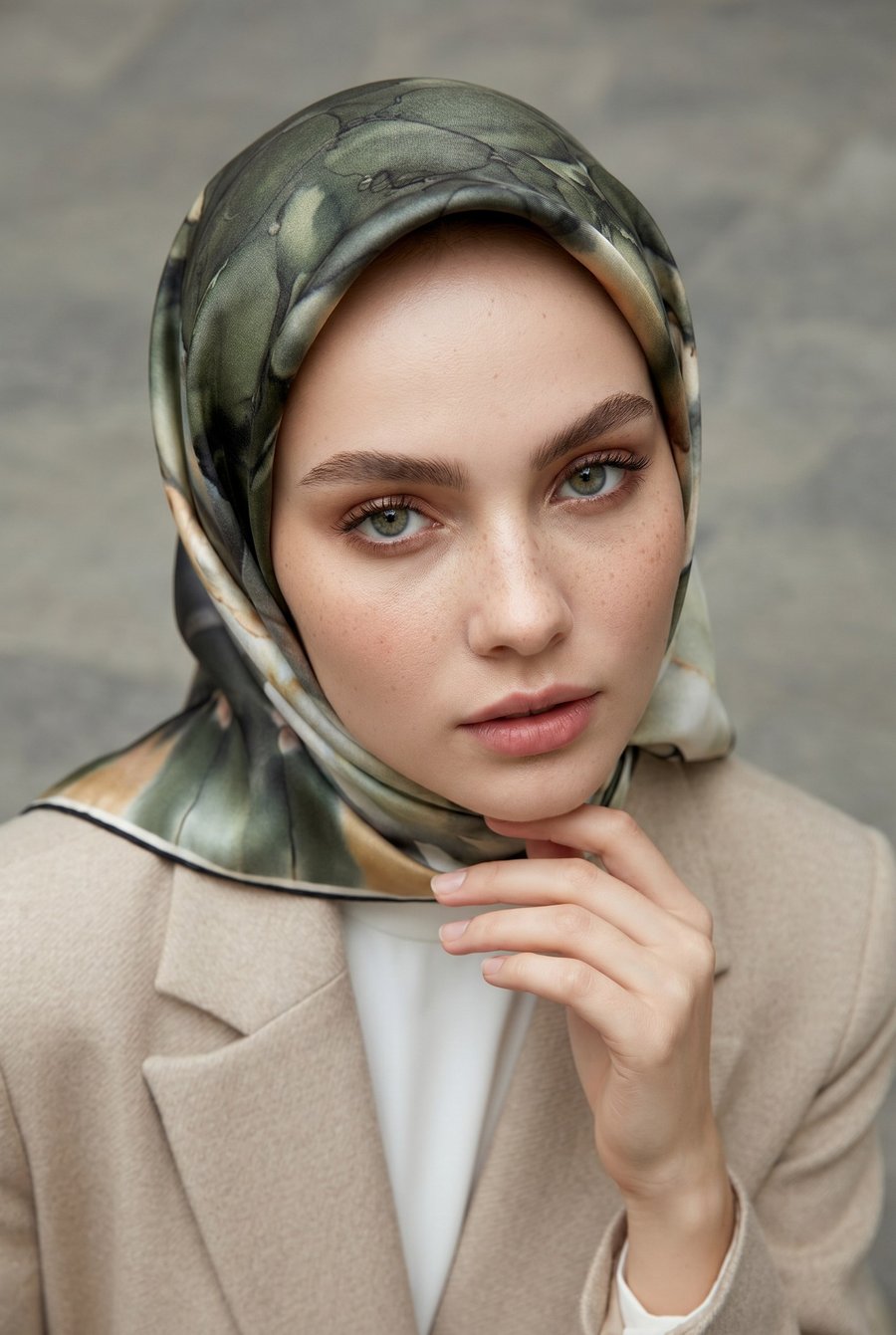 % 57 İPEK % 43 VİSKON Twill İpek Sulu Boyalı Çiçek Desenli Haki - Vizon Renkli 90x90 Eşarp Dikim Şekli : El Dikişi