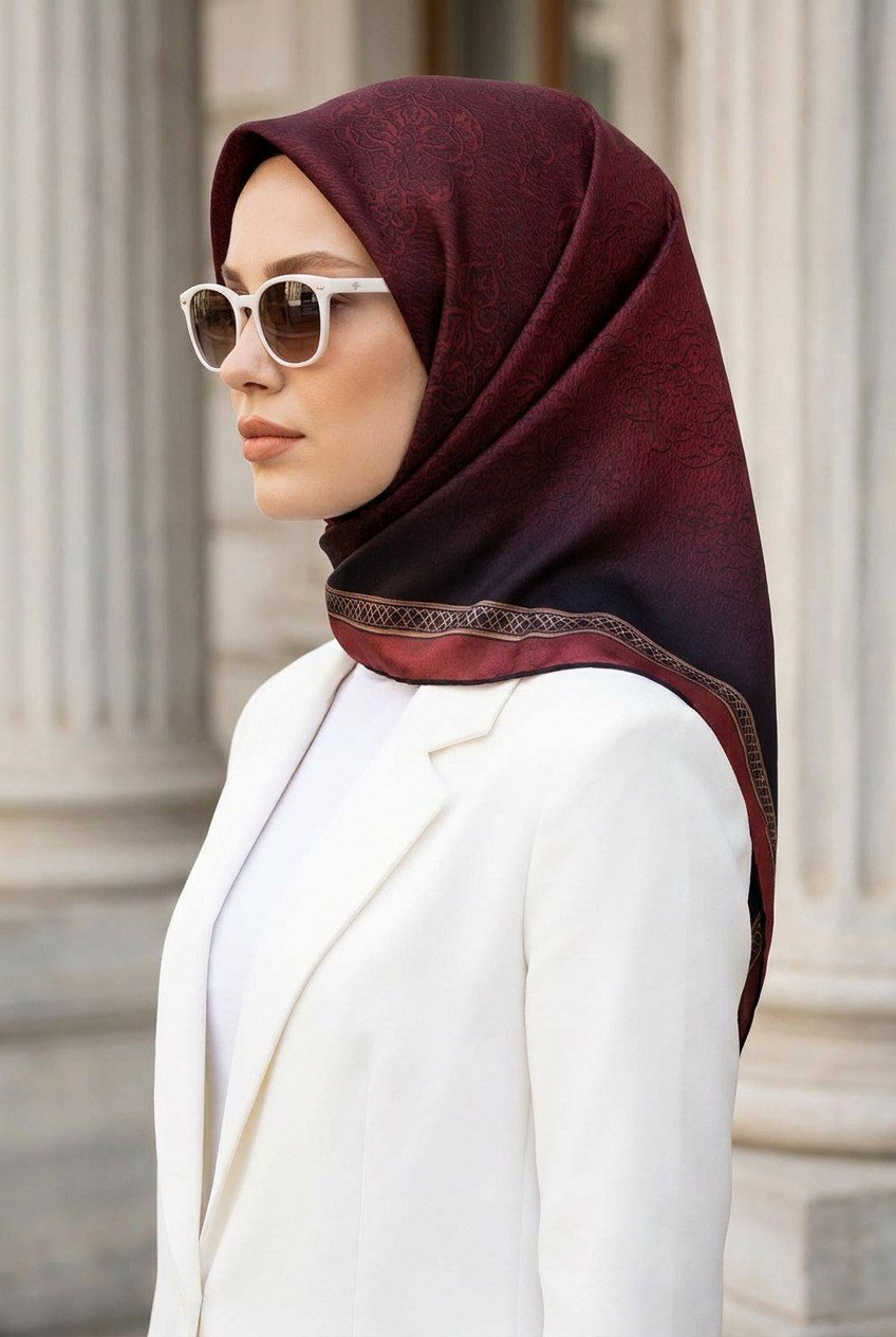 % 57 İPEK % 43 VİSKON Twill Barok Desenli Bordo Renkli 90x90 Eşarp Dikim Şekli: El Dikişi