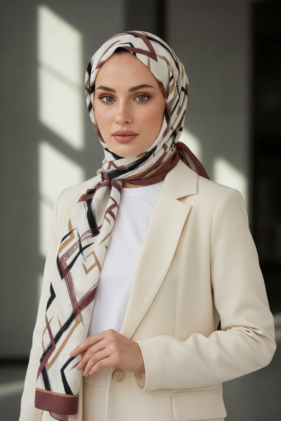KREP GEOMETRİK DESENLİ GÜL KURUSU RENKLİ 75X195 KIRIŞMAZ ŞAL