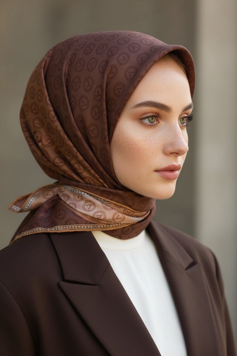 %100 Twill İpek Monogram Desenli Hardal Renkli 90x90 Eşarp Dikim Şekli : El Dikişi