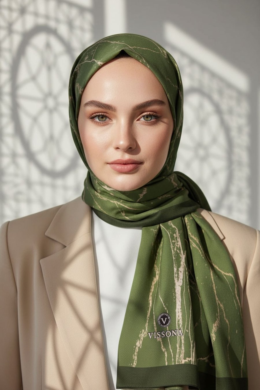 KREP MERMER DESENLİ HAKİ YEŞİLİ RENKLİ 75X195 KIRIŞMAZ ŞAL