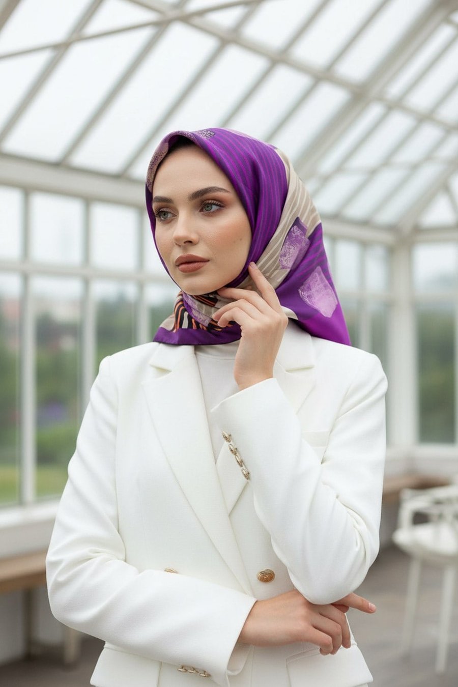 %100 Twill İpek Geometrik Desenli Mürdüm - Turuncu Renkli 90x90 Eşarp Dikim Şekli : El Dikişi