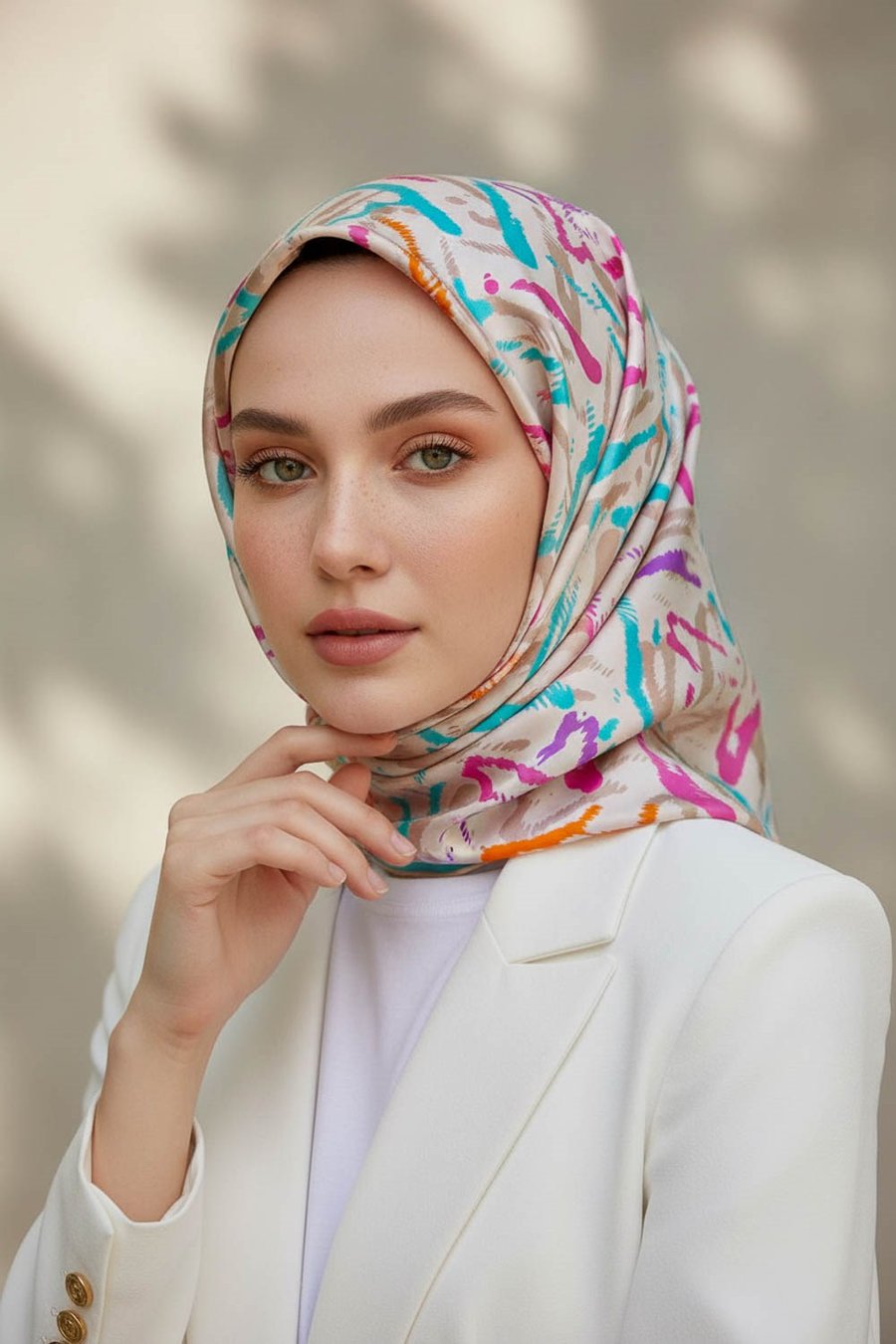%100 Twill İpek Geometrik Desenli Turkuaz - Pembe Renkli 90x90 Eşarp Dikim Şekli : El Dikişi