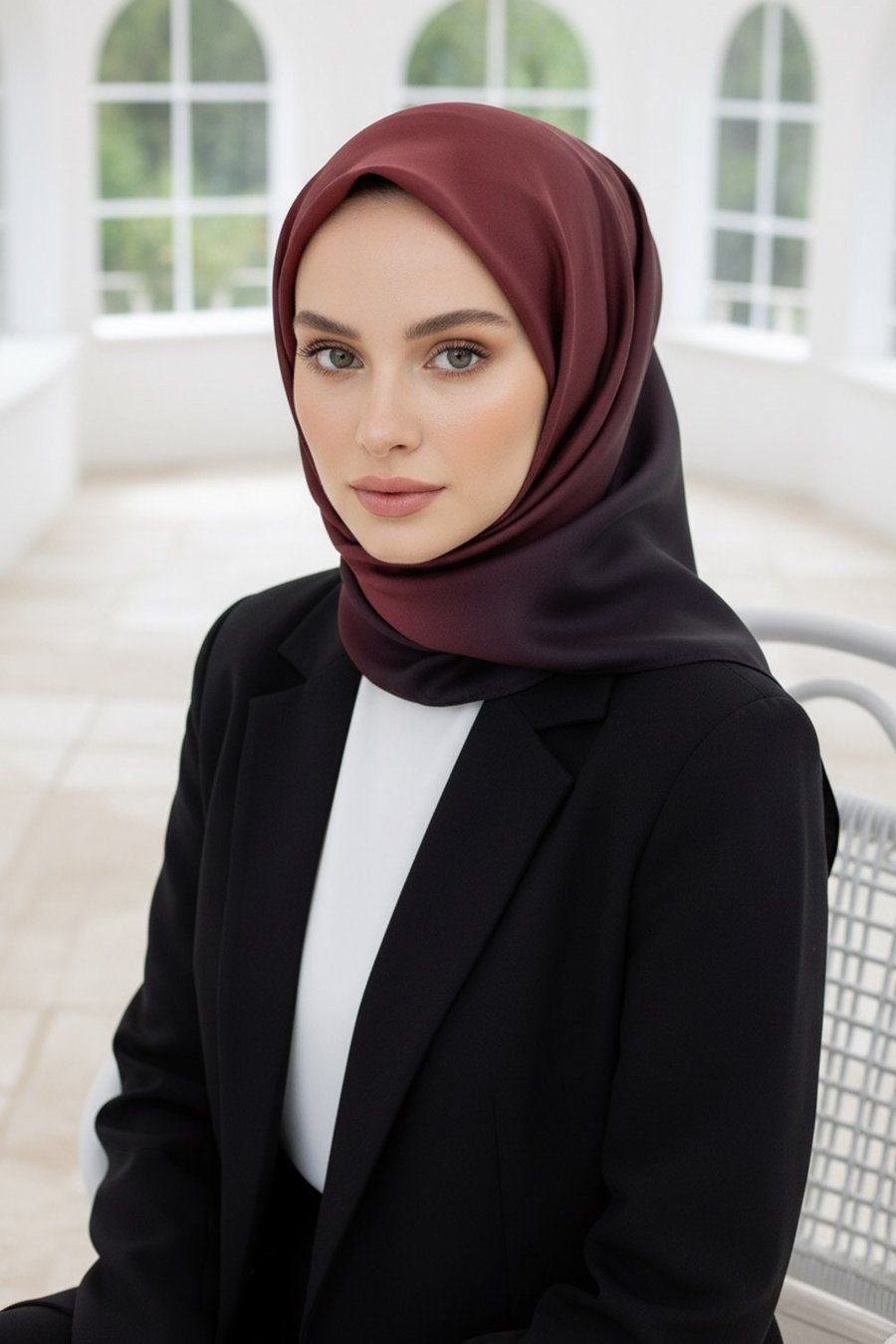 %100 Twill İpek Degrade Desenli Bordo Renkli 90x90 Eşarp Dikim Şekli : El Dikişi