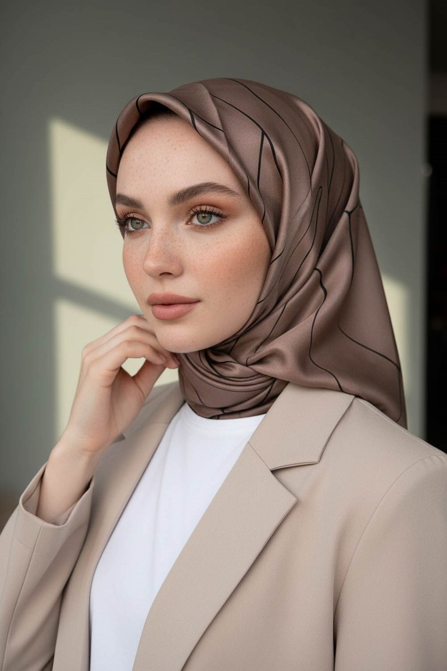 %100 Twill İpek Çizgi Desenli Vizon - Siyah Renkli 90x90 Eşarp Dikim Şekli : El Dikişi