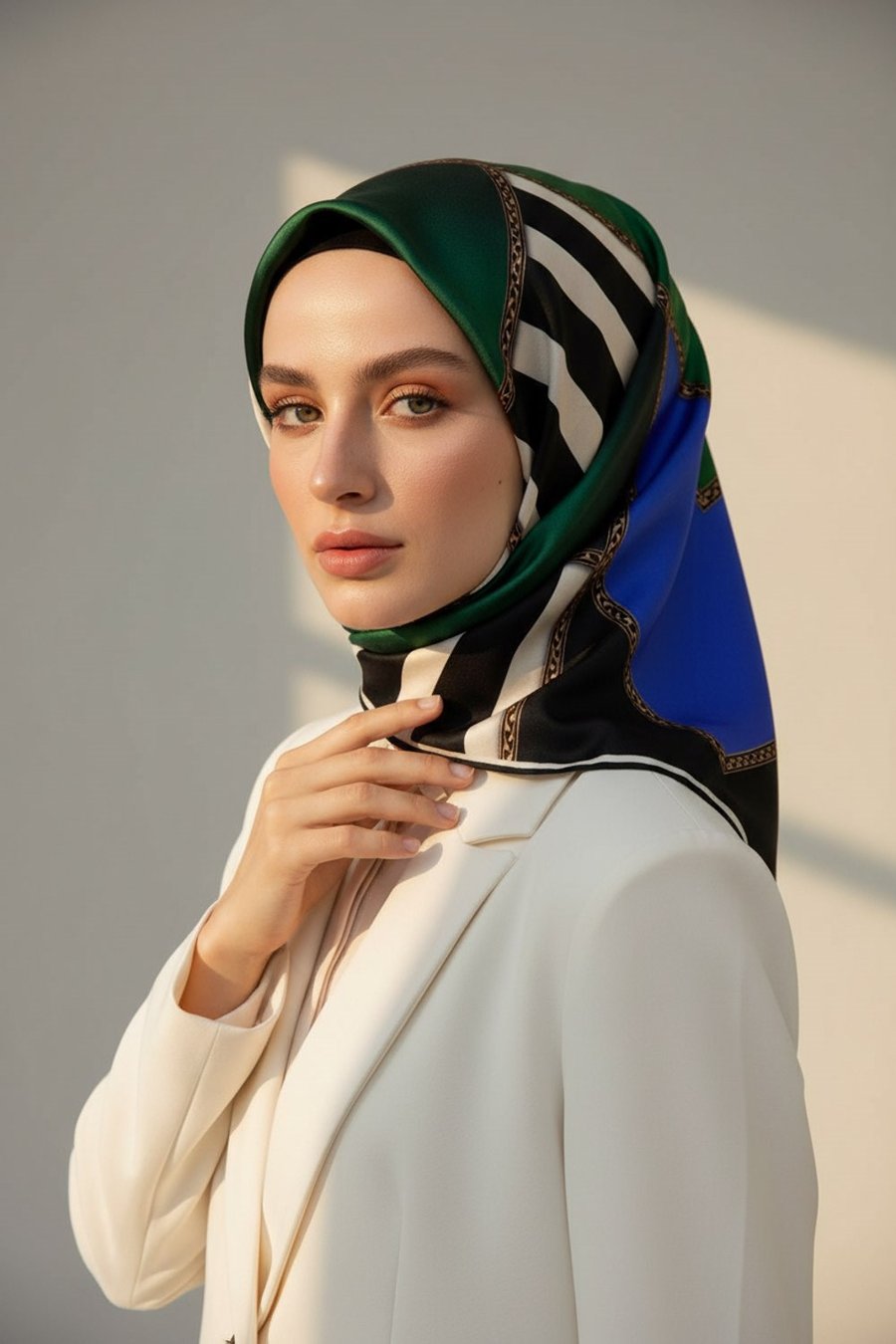 %100 Twill İpek Geometrik Desenli Saks - Zümrüt Yeşili Renkli 90x90 Eşarp Dikim Şekli : El Dikişi