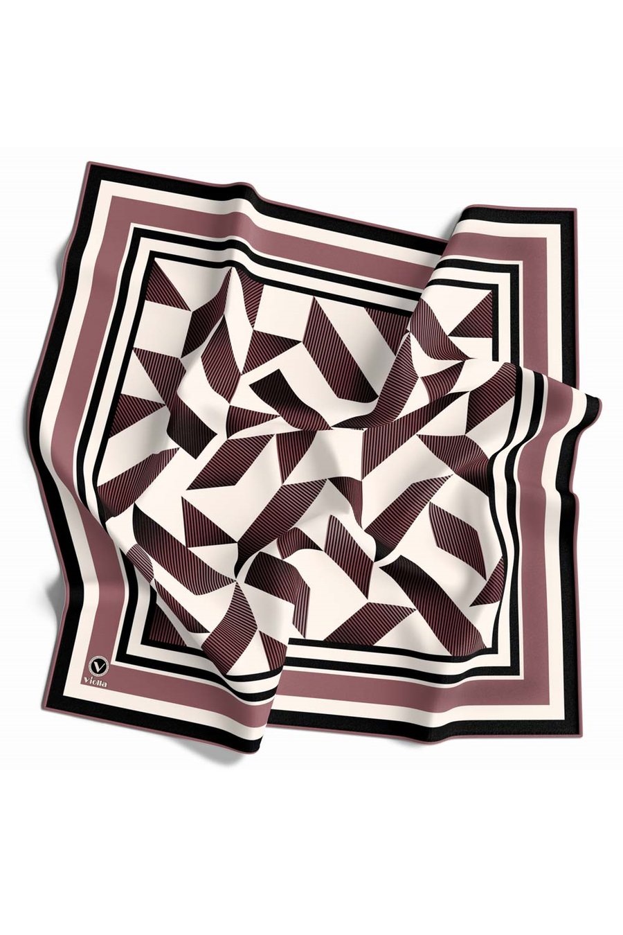 Twill Geometrik Desenli Pudra Renkli 90x90 Eşarp (İpek İçermez) Kenar Dikiş Şekli El Dikişli