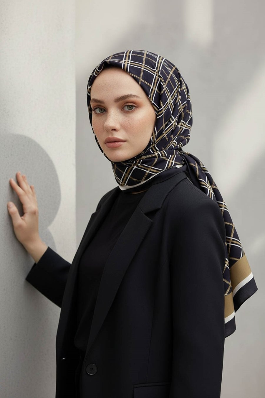 KREP EKOSE DESENLİ SİYAH - VİZON RENKLİ 75X195 KIRIŞMAZ ŞAL