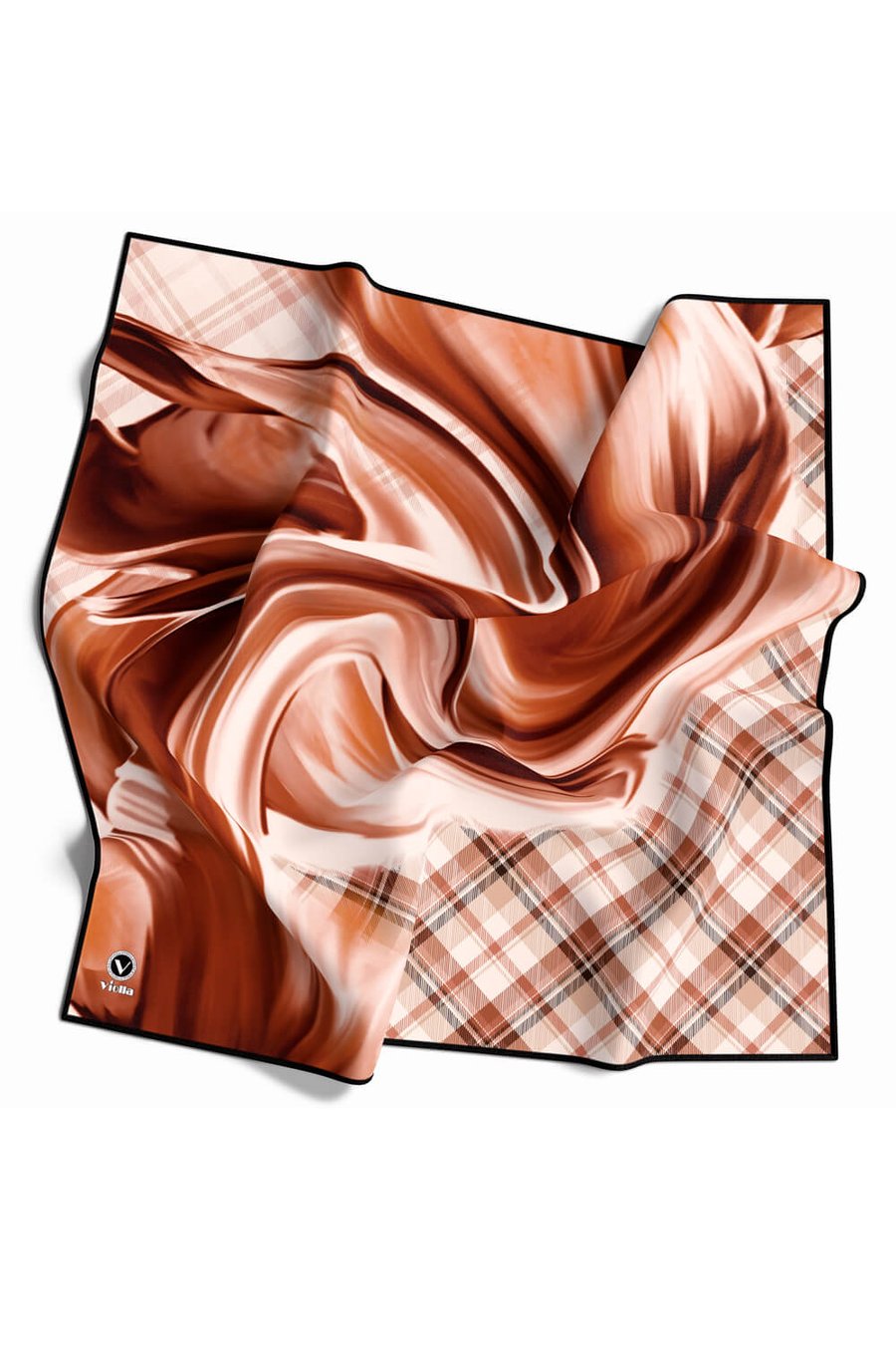 Twill Dalga ve Ekose Desenli Taba Renkli 90x90 Eşarp (İpek İçermez)Kenar Dikiş Şekli El Dikişli