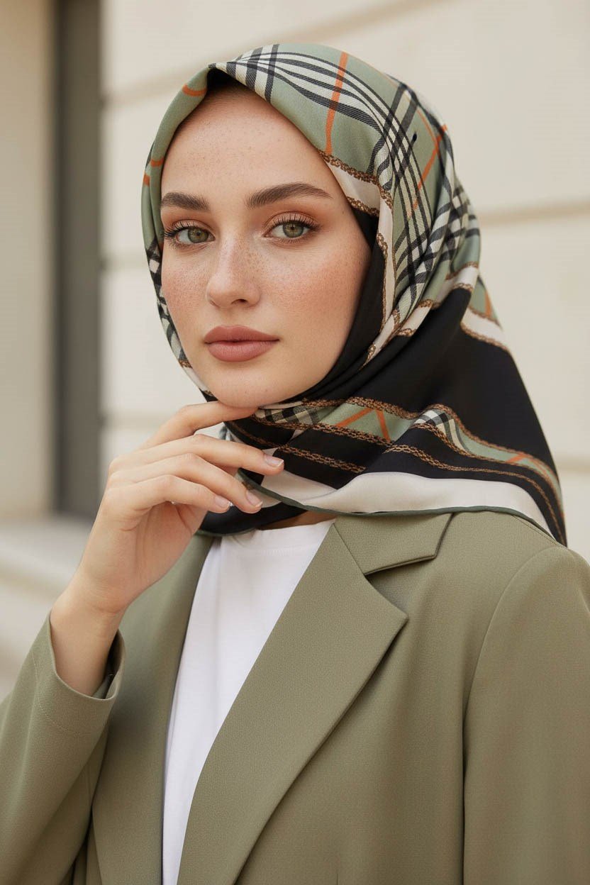 %100 Twill İpek Ekose Desenli Çağla Yeşili Renkli 90x90 Eşarp Dikim Şekli : El Dikişi