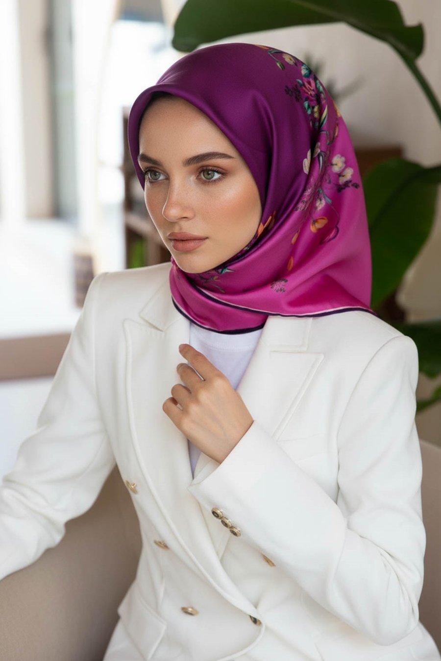 %100 Twill İpek Sonsuz Çiçek Desenli Mürdüm Renkli 90x90 Eşarp Dikim Şekli : El Dikişi