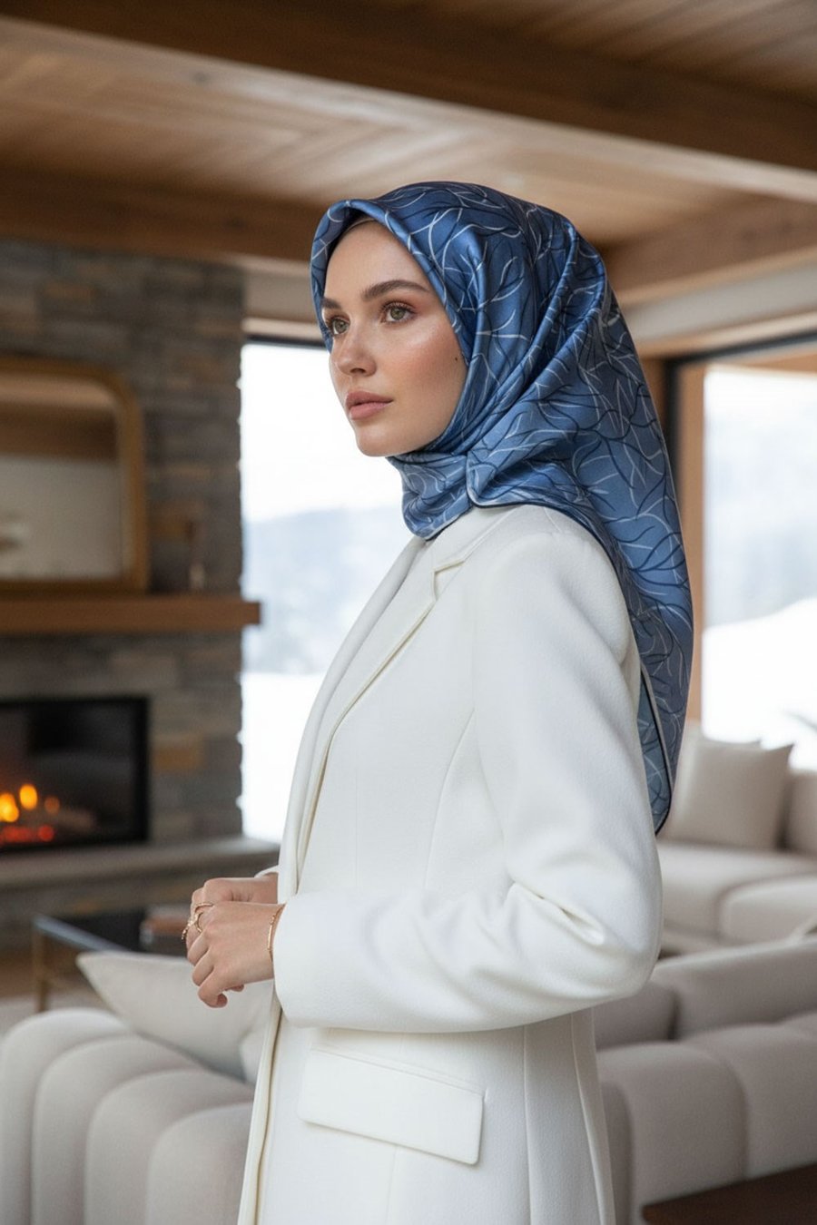 %100 Twill İpek Degrade Desenli Lacivert Renkli 90x90 Eşarp Dikim Şekli : El Dikişi