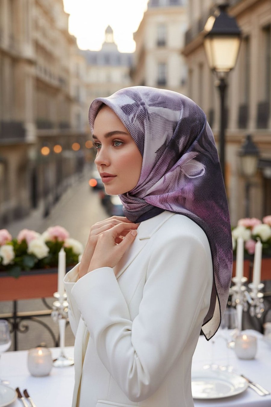 %100 Twill İpek Dokulu Ve Çiçek Desenli Füme - Lila Renkli 90x90 Eşarp Dikim Şekli : El Dikişi