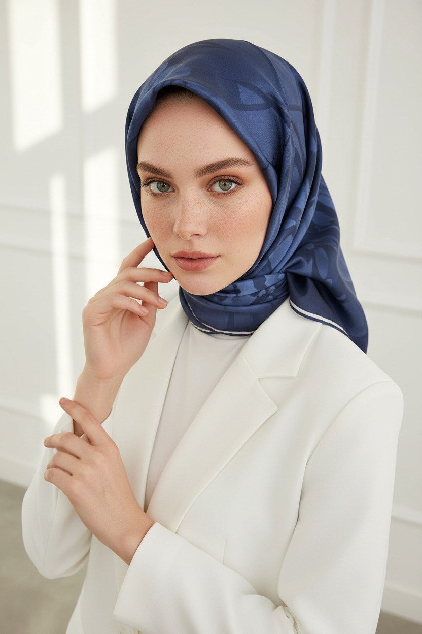 100% Twill İpek Çiçek Desenli Lacivert Renkli 90x90 Dikim Şekli : El Dikişi Eşarp