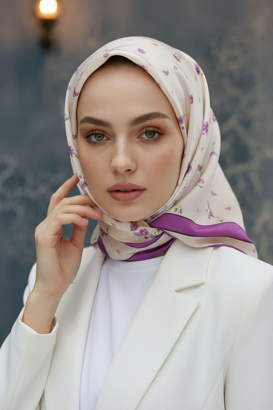 100% Twill İpek Bordürlü Çıtır Çiçek Desenli Mürdüm Renkli 90x90 Dikim Şekli : El Dikişi Eşarp