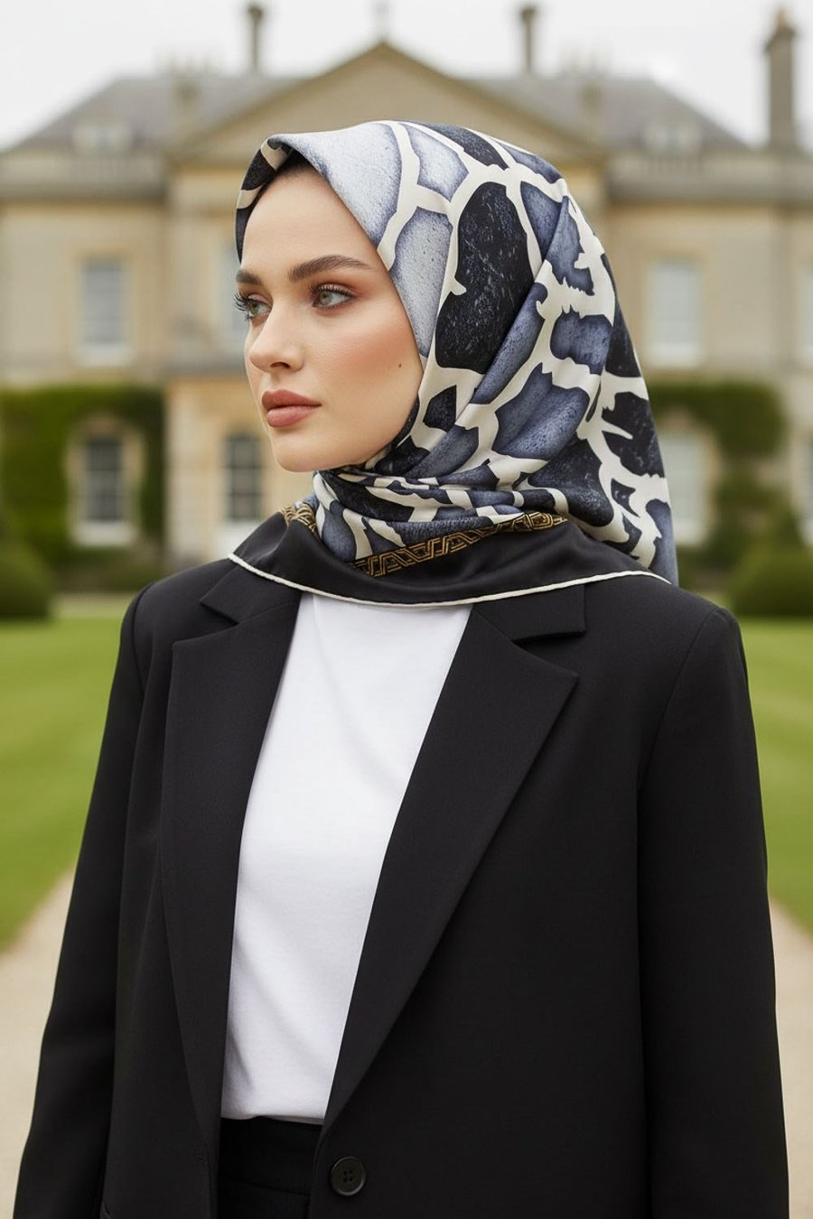 %100 Twill İpek Zürafa Desenli Siyah - Gri Renkli 90x90 Eşarp Dikim Şekli : El Dikişi